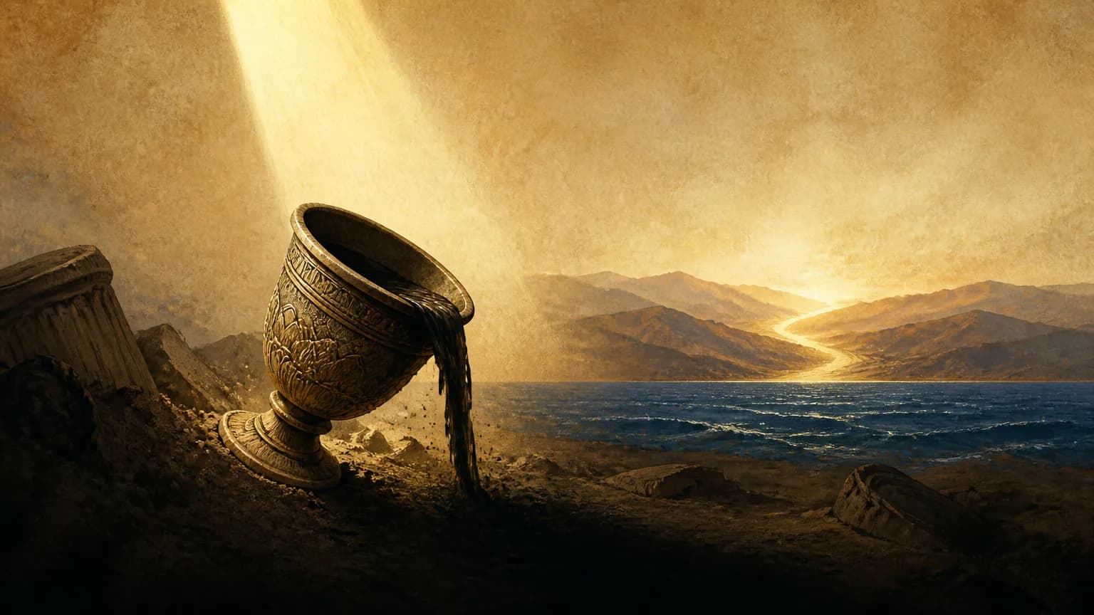 An ancient cup rises from dust and ruins as dark liquid drains into shadow, lit by gold light against mountains and a distant sea.