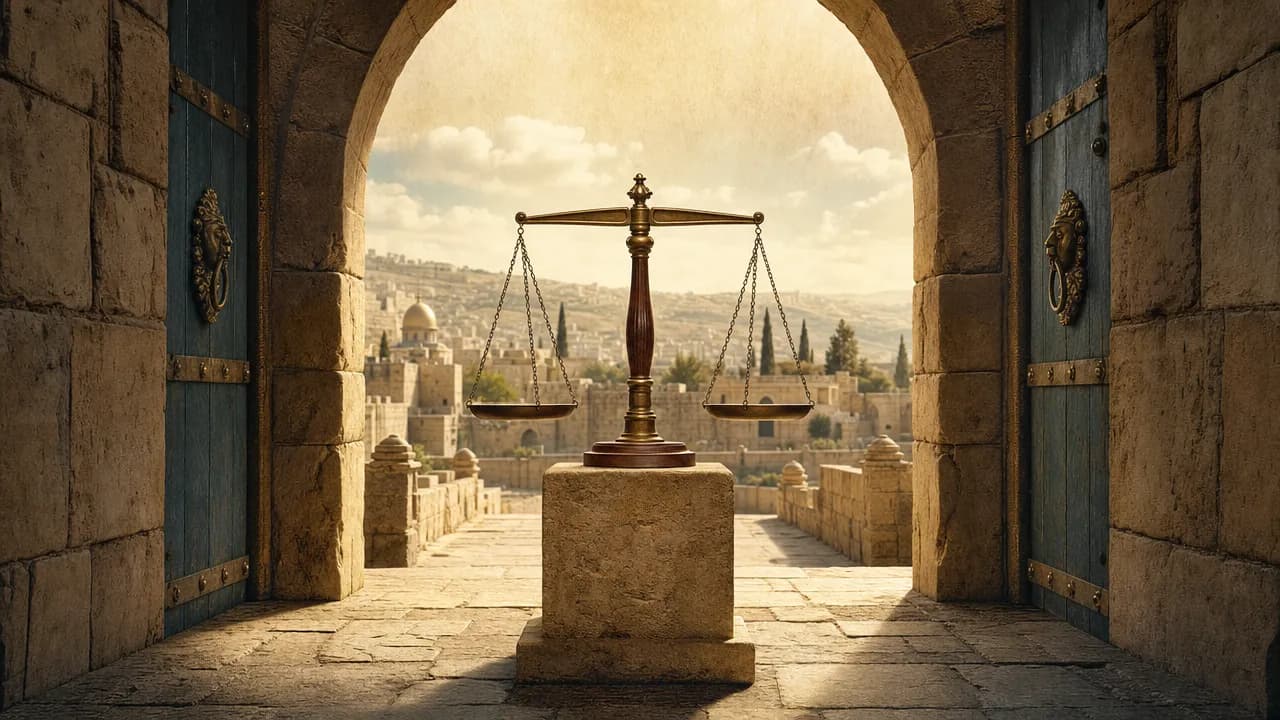 An editorial illustration of an ancient stone city gate with a balanced bronze scale on a stone pedestal under soft sunlight.