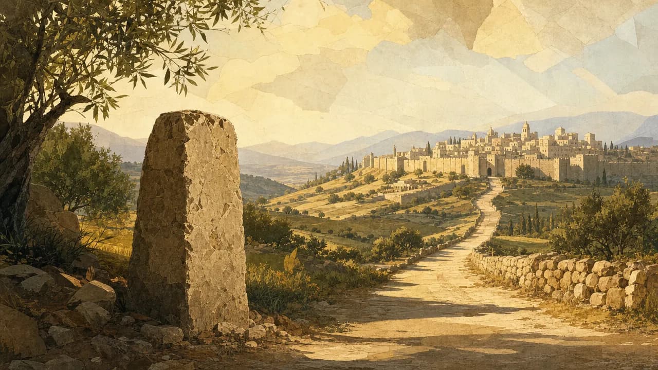 An illustration showing a carved stone boundary marker by a clear path leading to a peaceful walled city on a hill.