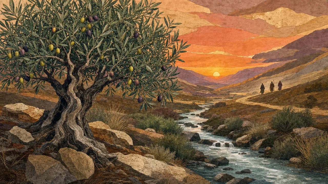 An illustration depicting a fruit-bearing olive tree beside a natural stream in a valley under evening twilight.