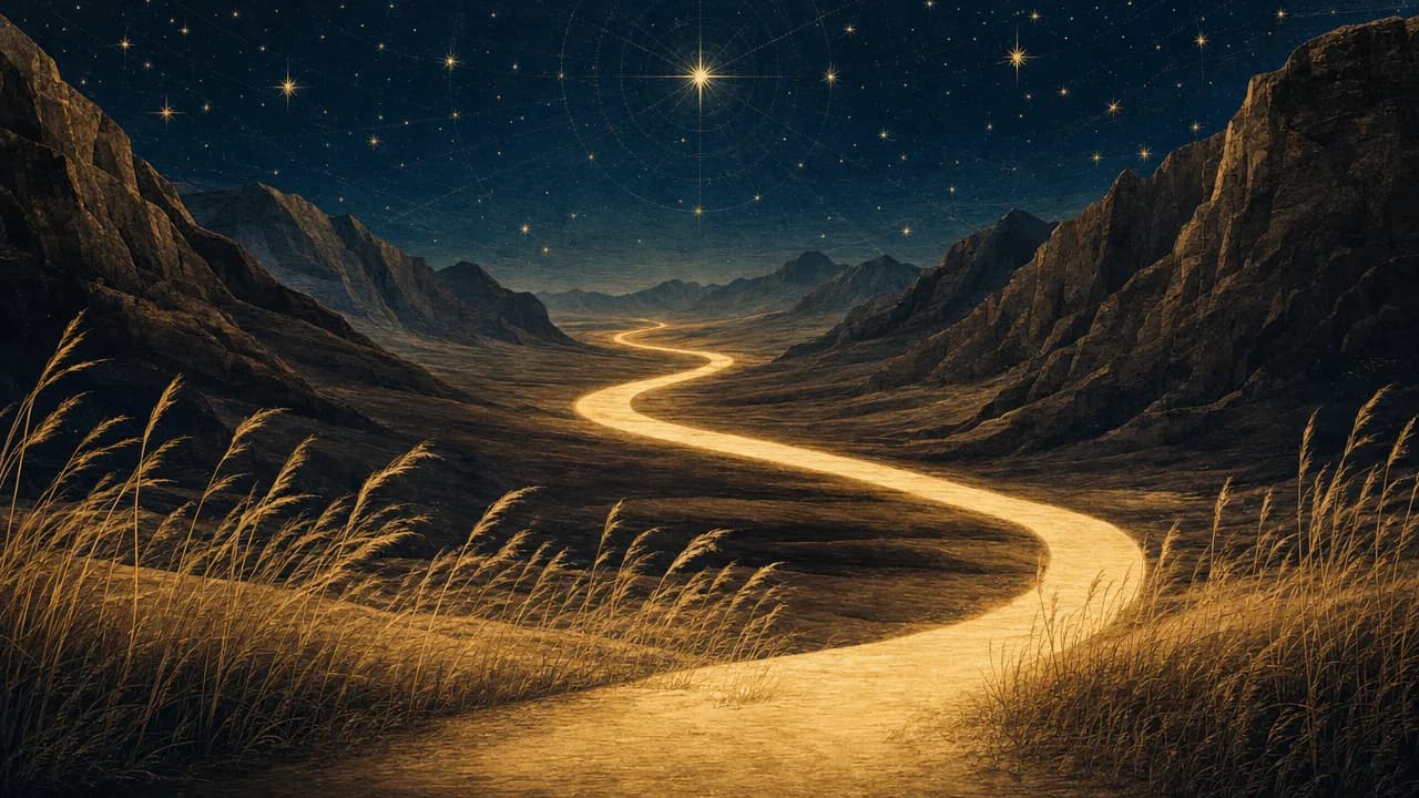 A wide, luminous golden path winds through dark, towering desert mountains under a deep blue night sky filled with brilliant, orderly stars, with fragile dry grass in the foreground.