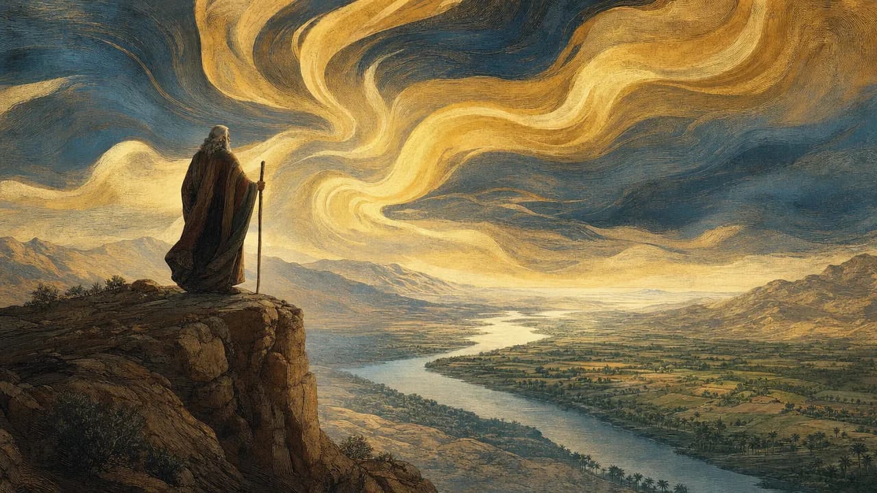 A silhouette of an elderly man standing on a high desert cliff, looking across a winding river toward a distant green valley under a sky filled with abstract swirls of golden fire.
