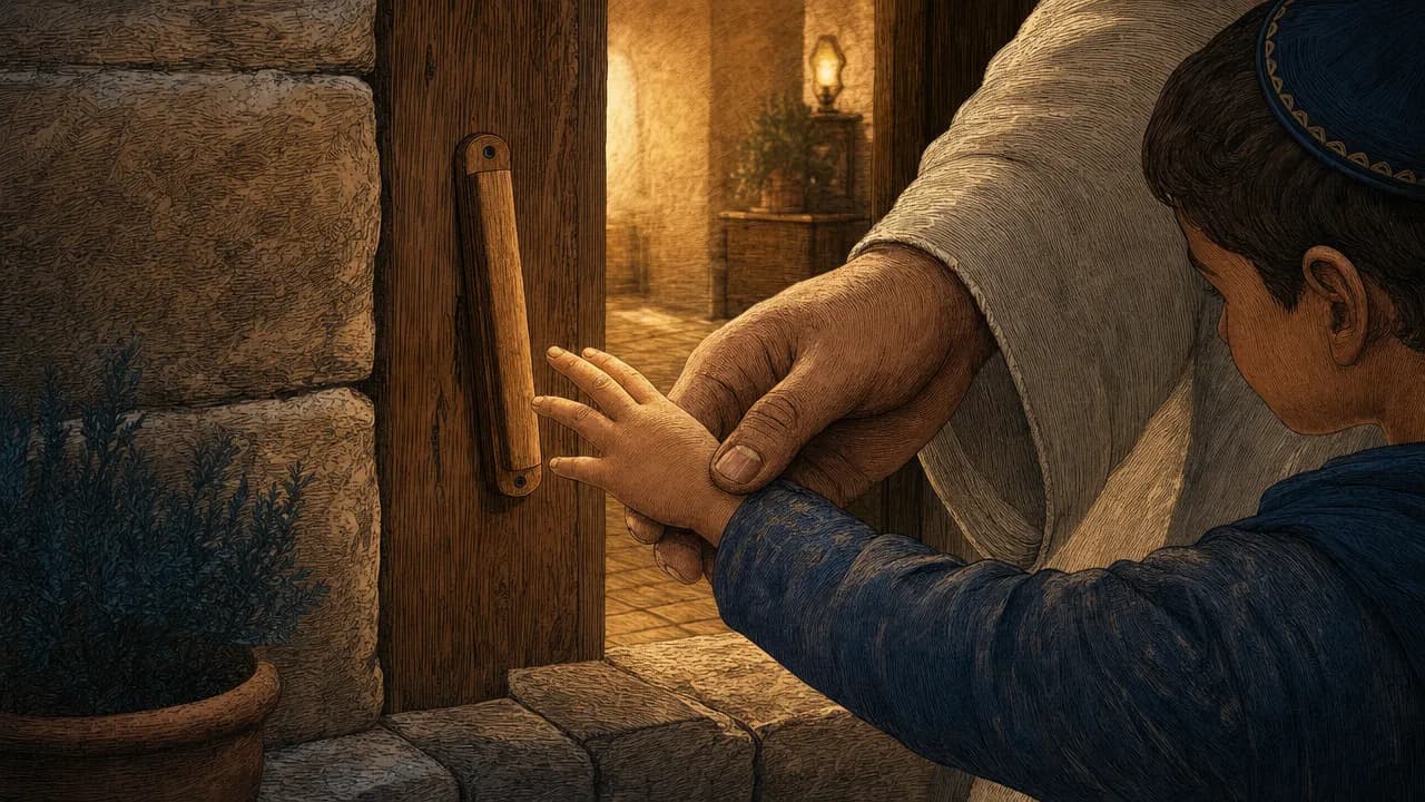 A close-up of a stone doorway with a mezuzah on the doorpost, casting warm golden light onto the threshold where a parent's hand gently guides a child's hand.