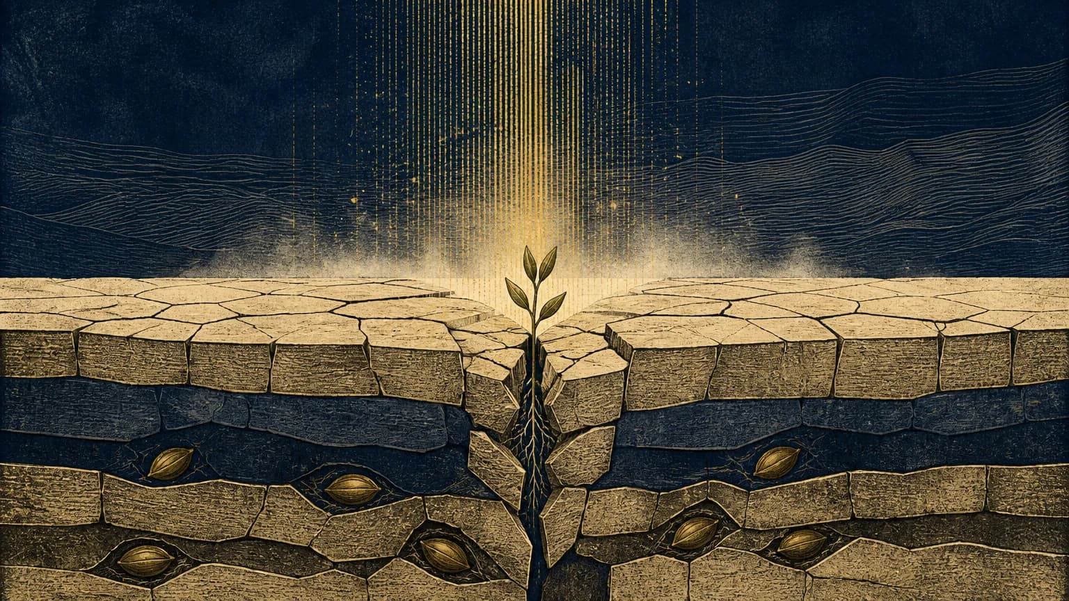 An editorial woodcut illustration of cracked geometric earth softened by descending golden rain, nurturing a lone green seedling beneath an indigo sky.