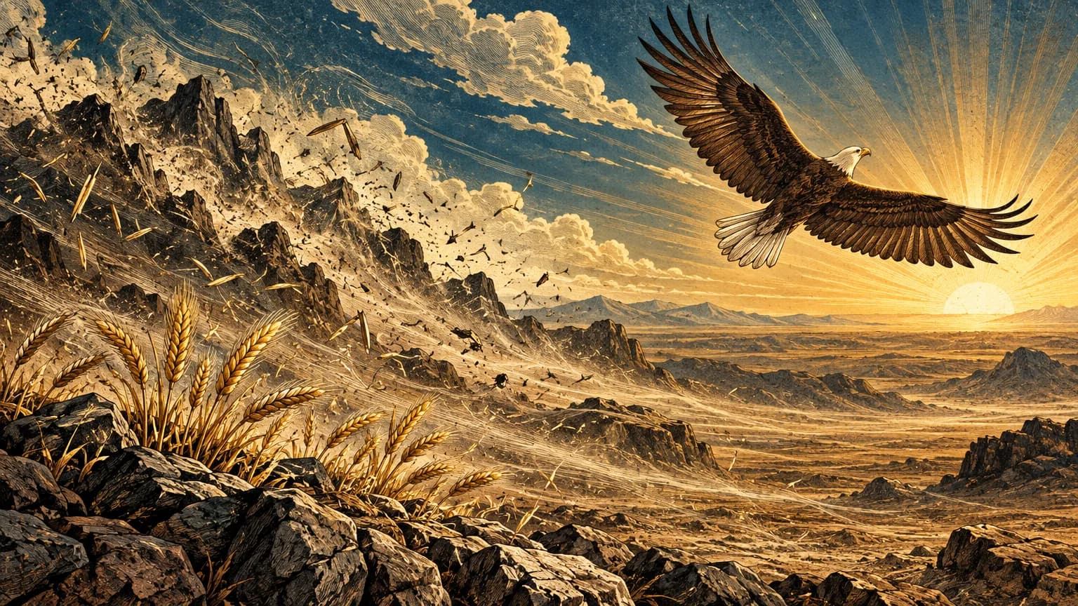 An eagle ascends into an indigo dawn sky above a rugged mountain ridge whose crumbling stones dissolve into windblown chaff, leaving golden grains resting on bedrock.
