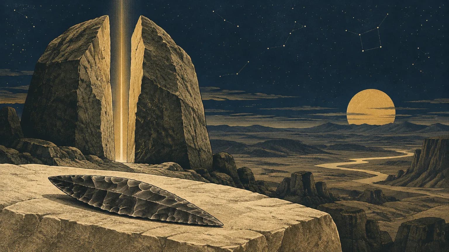 An editorial engraving of a cleaved desert stone with golden light passing through the center, beside a solitary flint blade under a starry indigo night sky.