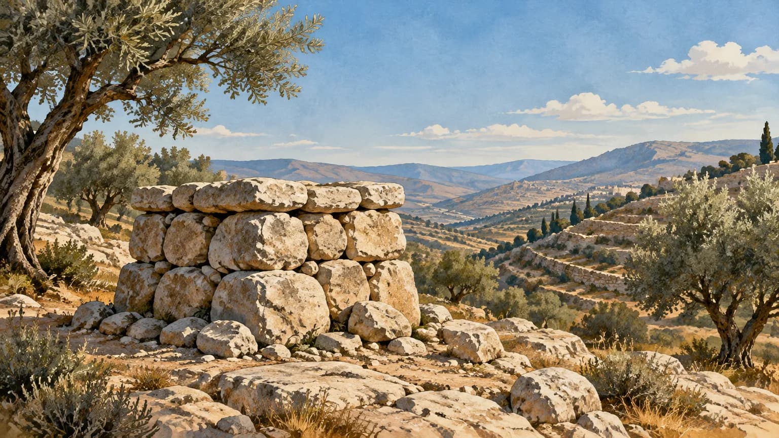 A simple stone altar made of unhewn rocks atop a rugged hill with olive trees and distant ridges under an open sky.