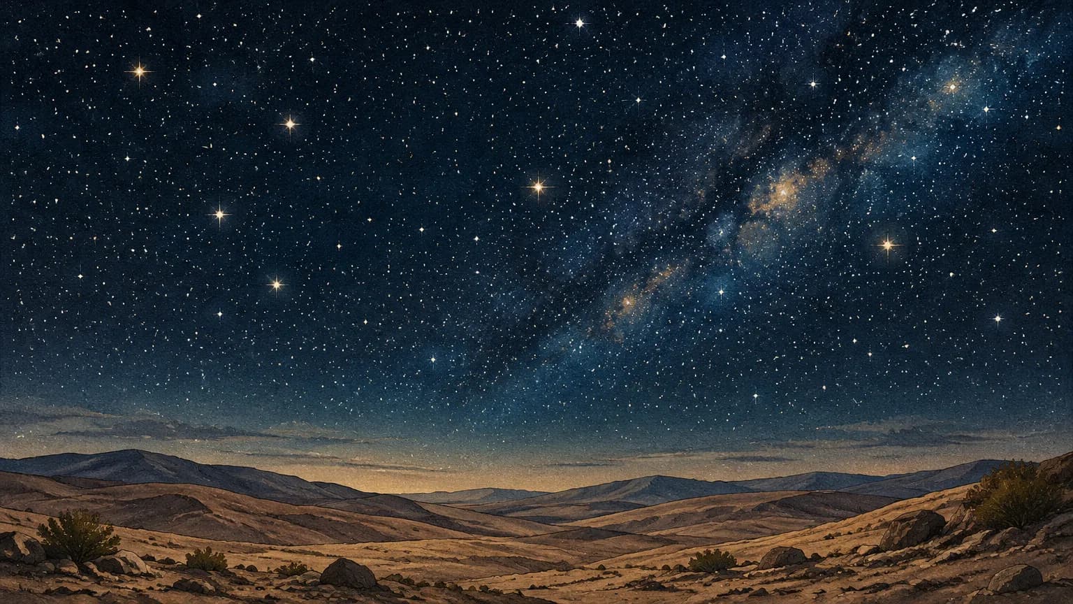 A dark night sky filled with a dense field of clear stars stretching across a quiet desert landscape.