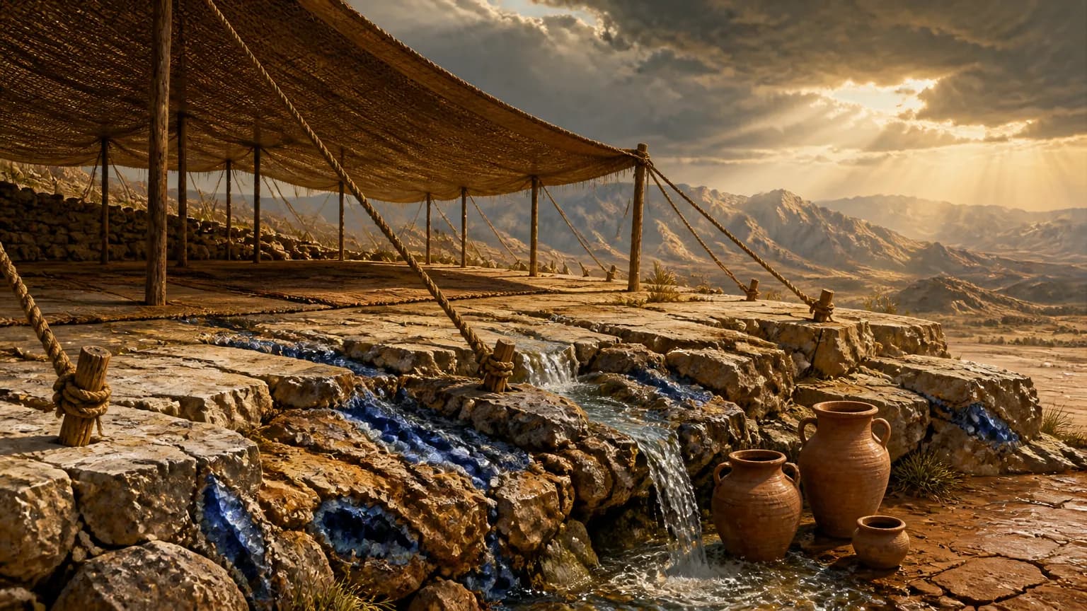 A wide desert landscape featuring an expanding woven tent anchored into bedrock with sapphire strata, alongside freshwater flowing into earthen clay jars under clearing storm skies.