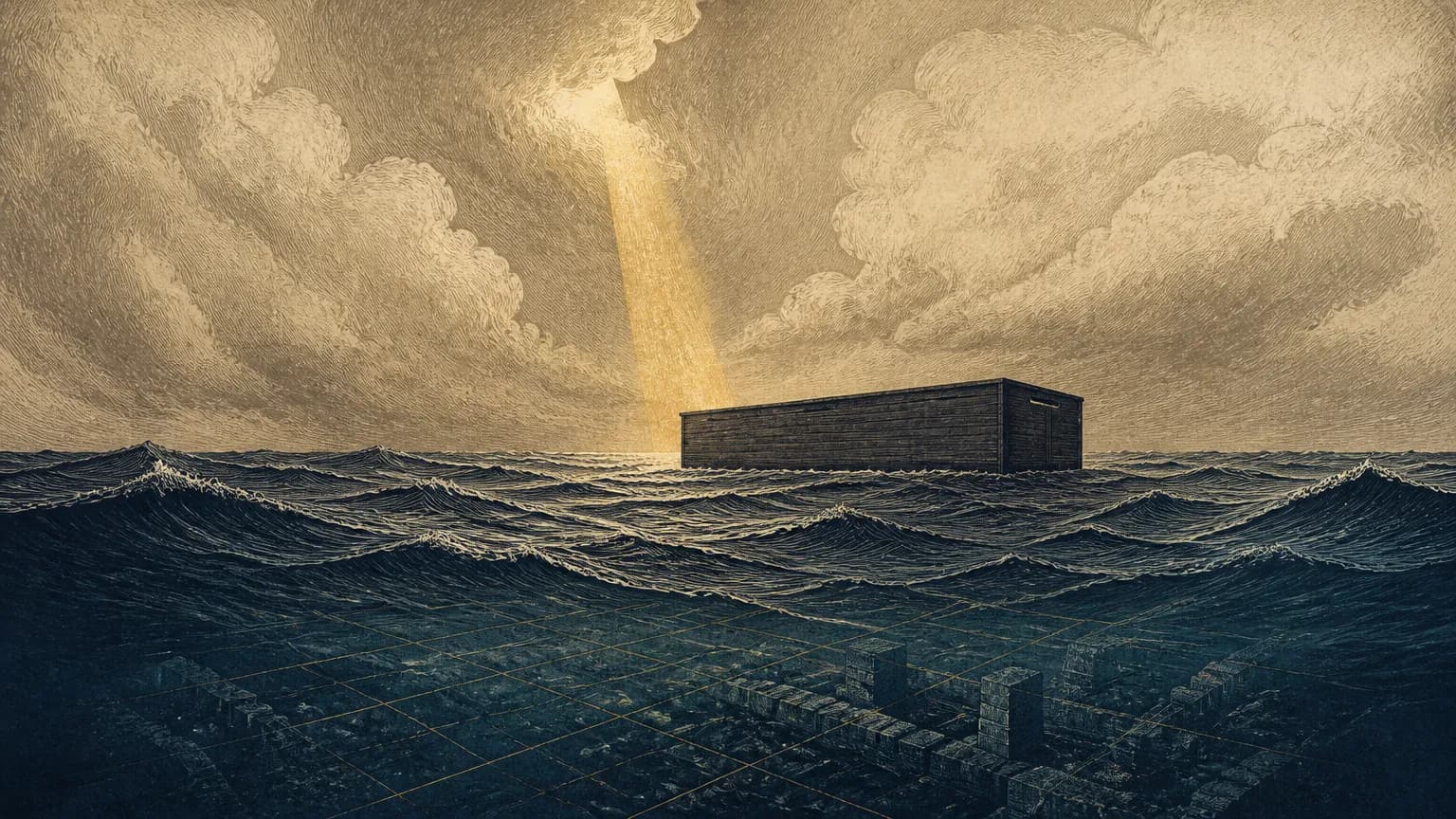 A solitary rectangular wooden ark floats upon stylized engraved floodwaters over dissolving geometric foundations beneath a vast indigo sky.