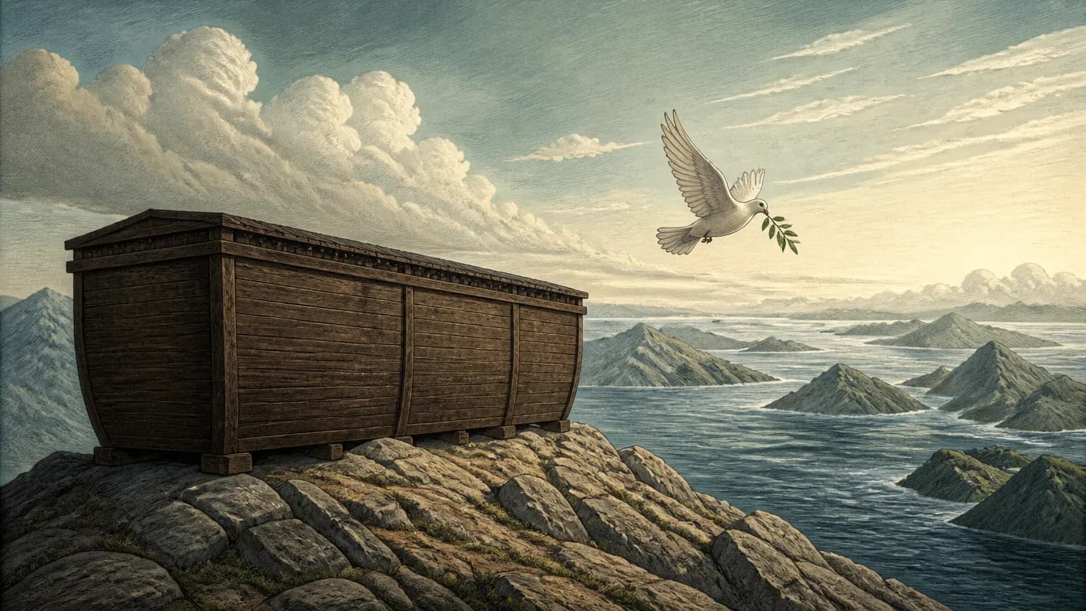 An editorial illustration of a large rectangular wooden ark grounded on a rocky mountaintop surrounded by receding water, with a dove carrying an olive leaf in flight.