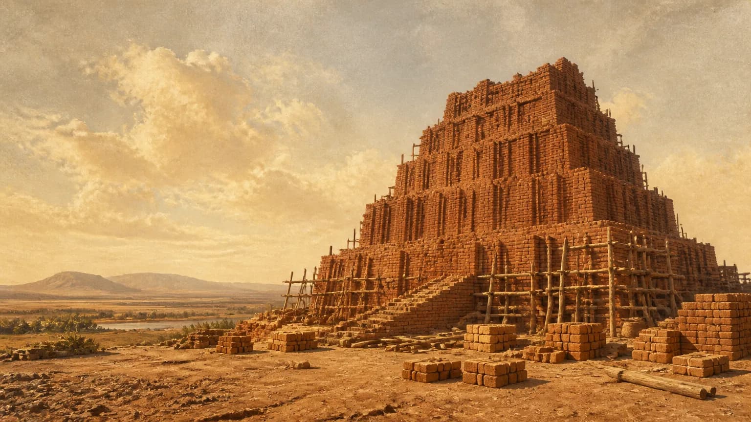 An editorial illustration of an unfinished tiered brick tower and stacks of fired clay bricks standing deserted on a broad flat plain.