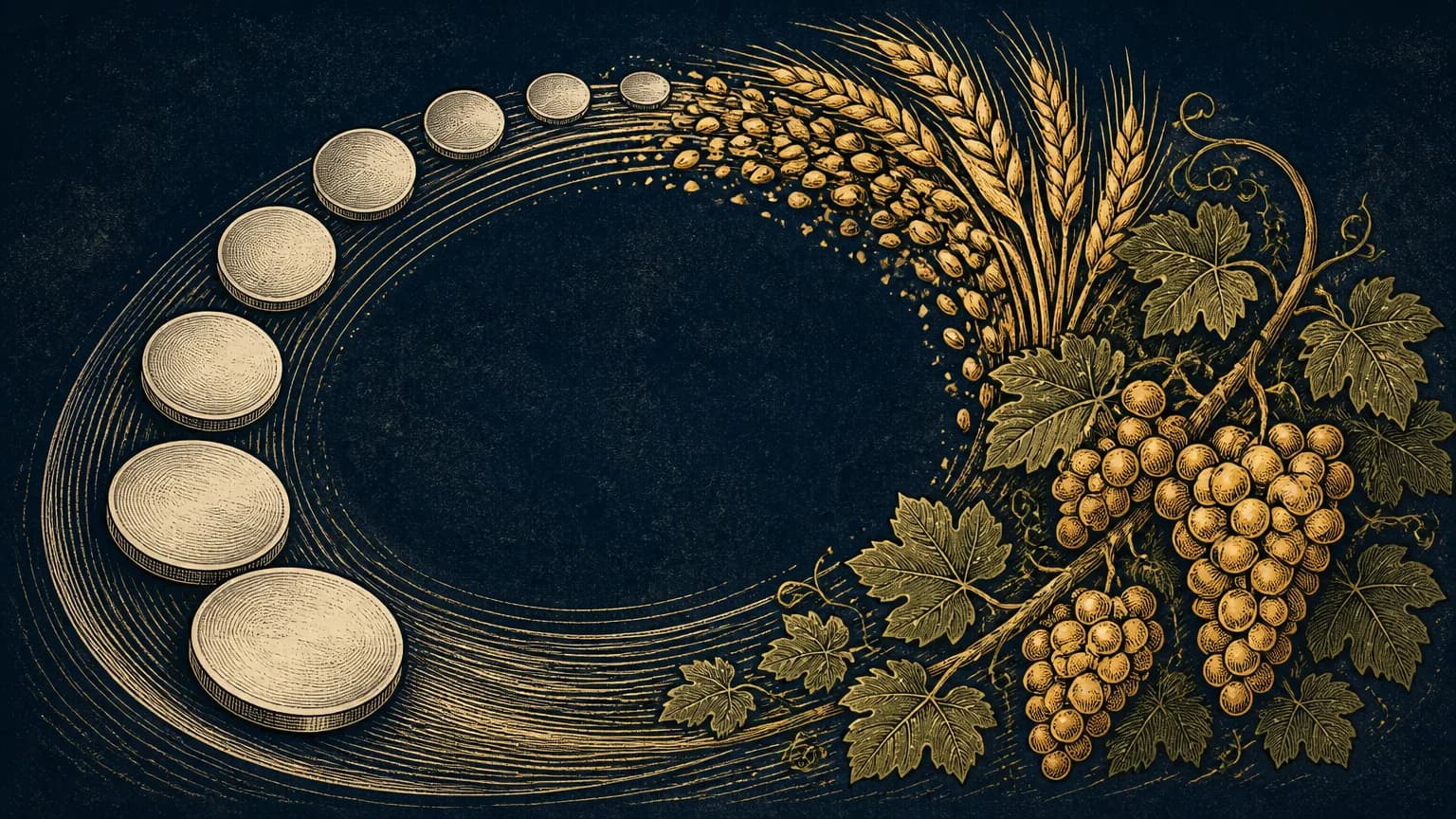 An editorial engraving showing blank silver discs flowing along a curve and transforming into ripe wheat sheaves and grapevines against a textured indigo field.