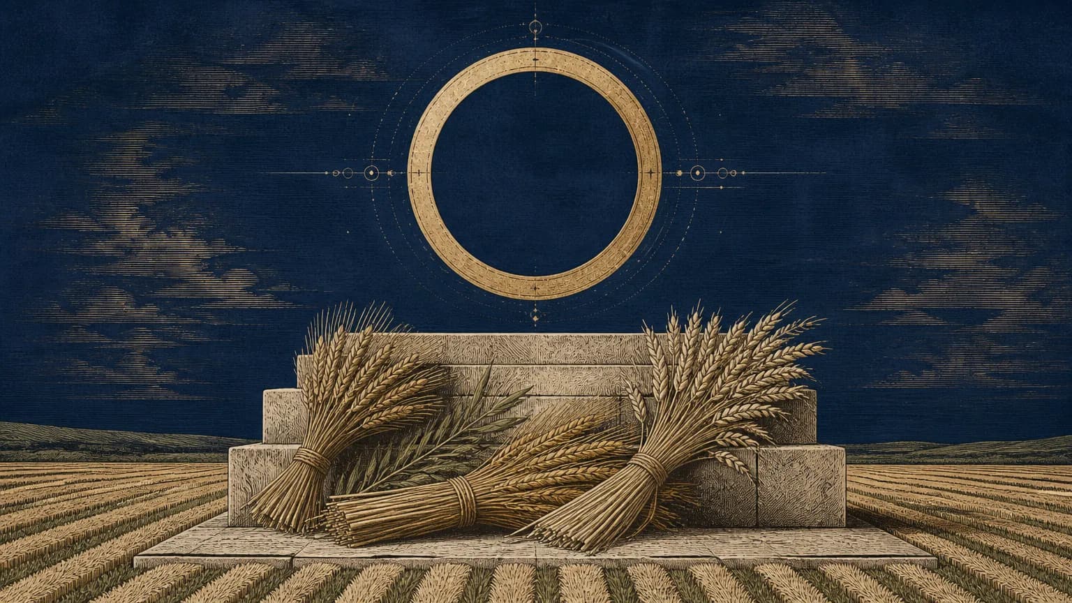 A stylized woodcut-style engraving of a golden geometric celestial circle above harvested sheaves of grain resting on an austere stone terrace.