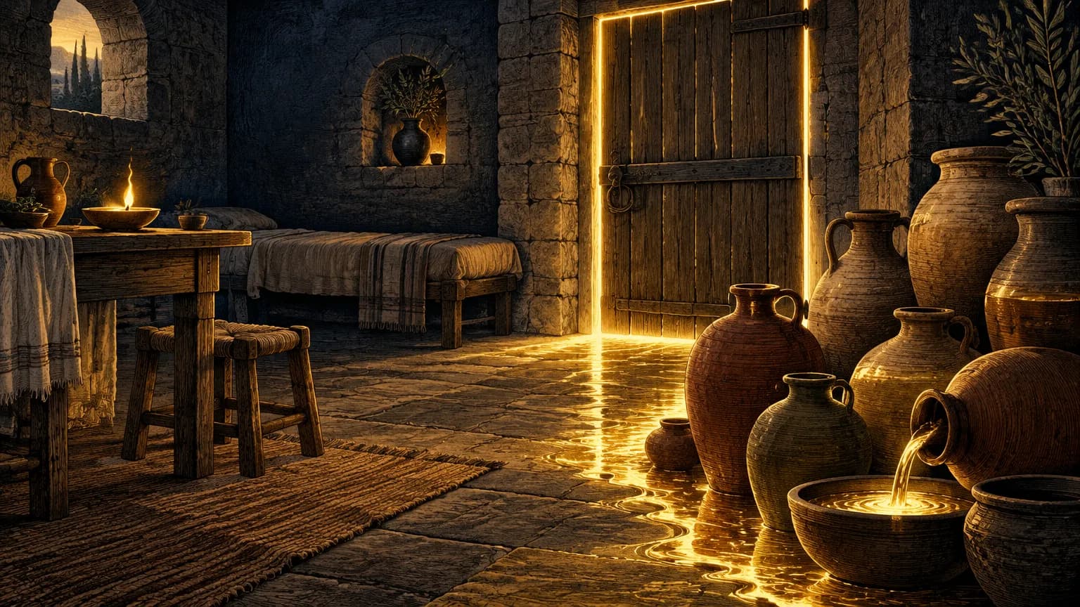 An austere stone room lit by warm light seeping around a closed wooden door, displaying earthenware jugs, a wooden table, a stool, and a burning oil lamp.