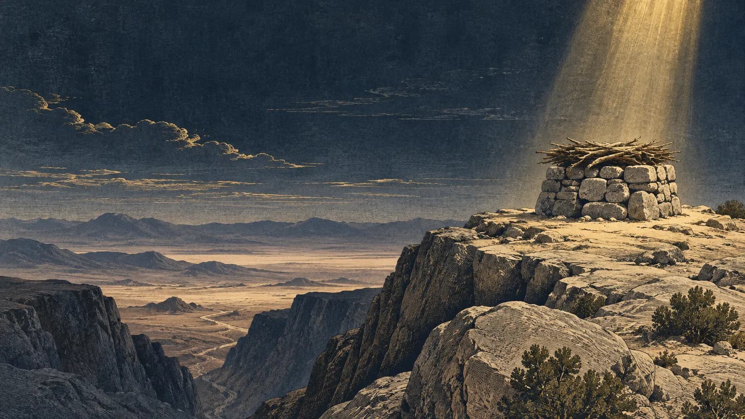 An editorial printmaking engraving of a solitary stone altar on a rugged mountain peak overlooking a vast, quiet desert valley under an indigo sky.