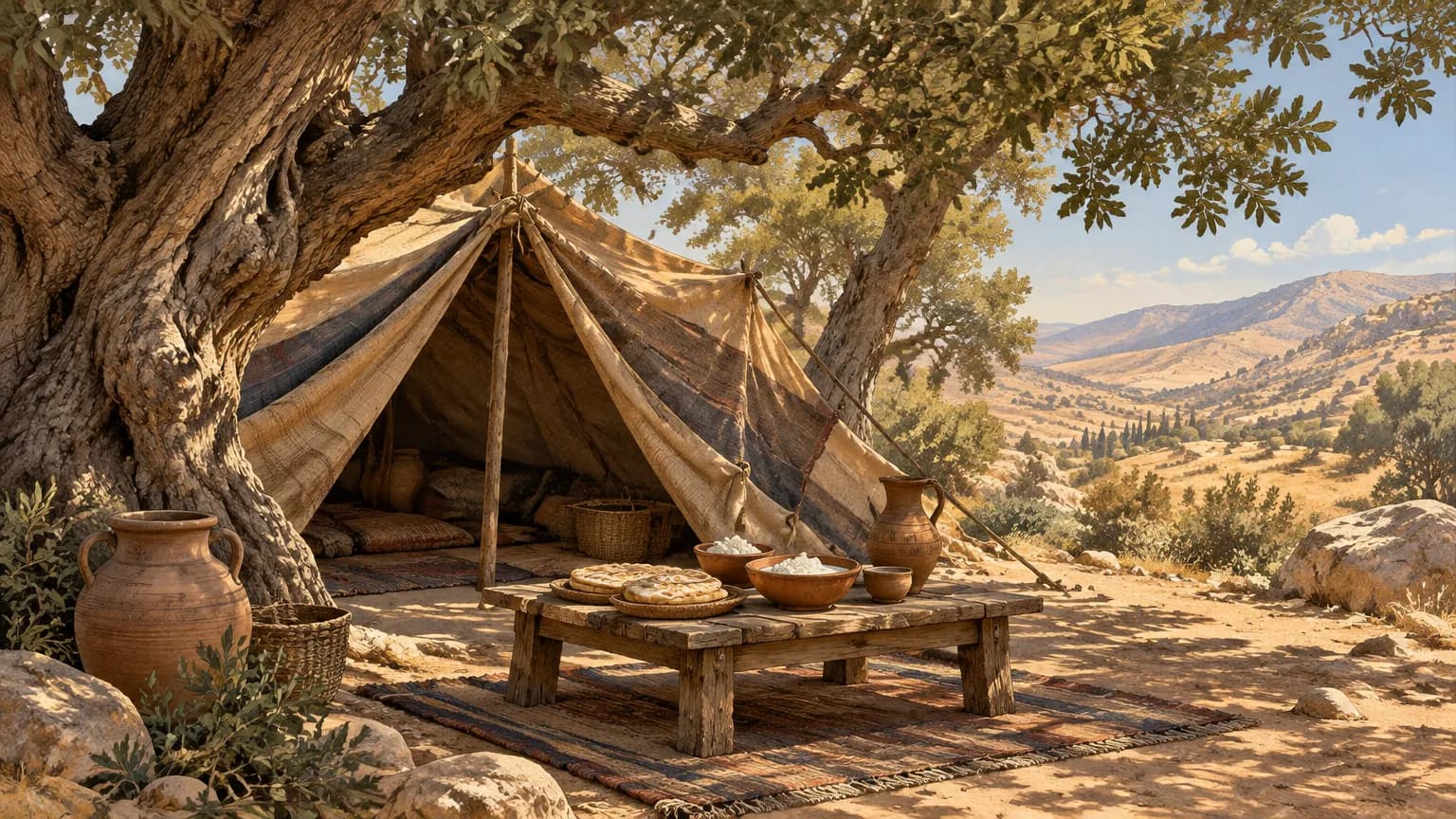 An open desert tent under shady terebinth trees with a low table set with flatbreads and clay bowls of curds and milk.