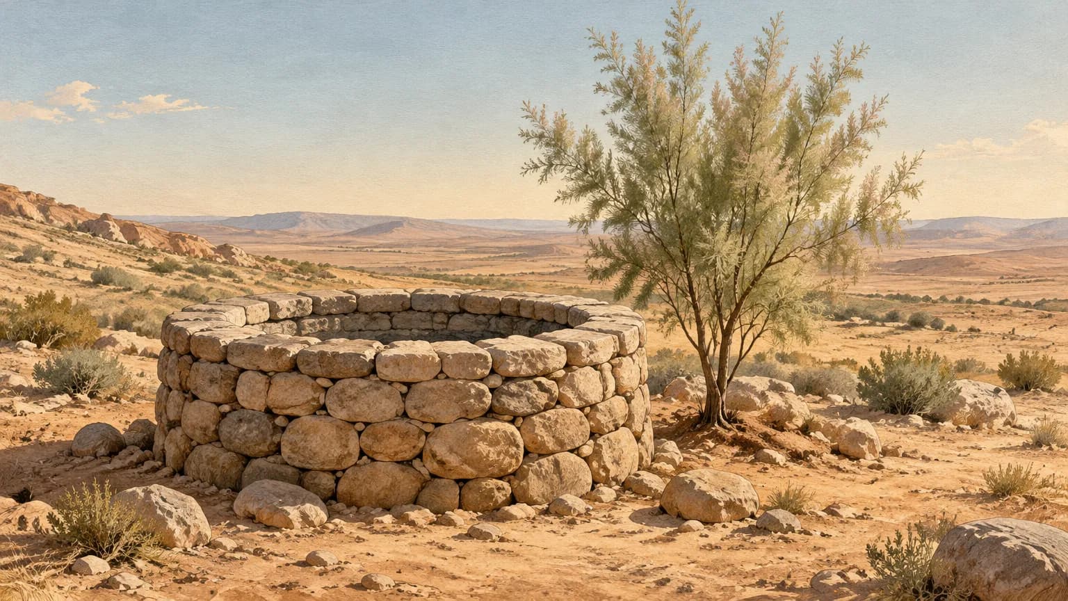 A stone well and a newly planted tamarisk tree in an open, dry desert landscape.