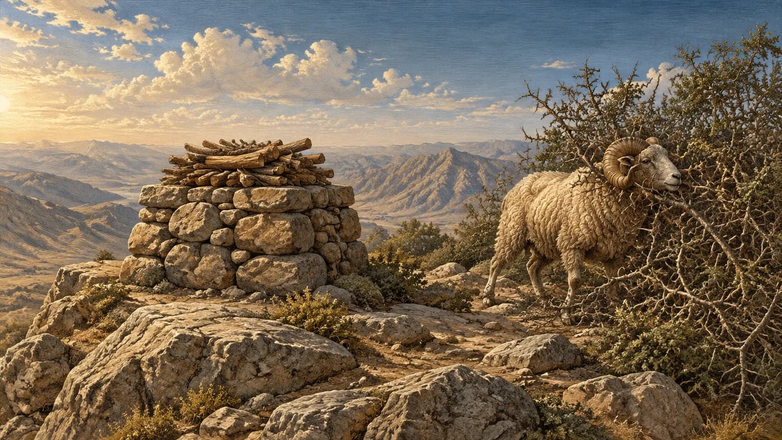 A stone altar stacked with firewood on a rocky ridge, with a horned ram caught in a nearby thorny thicket.