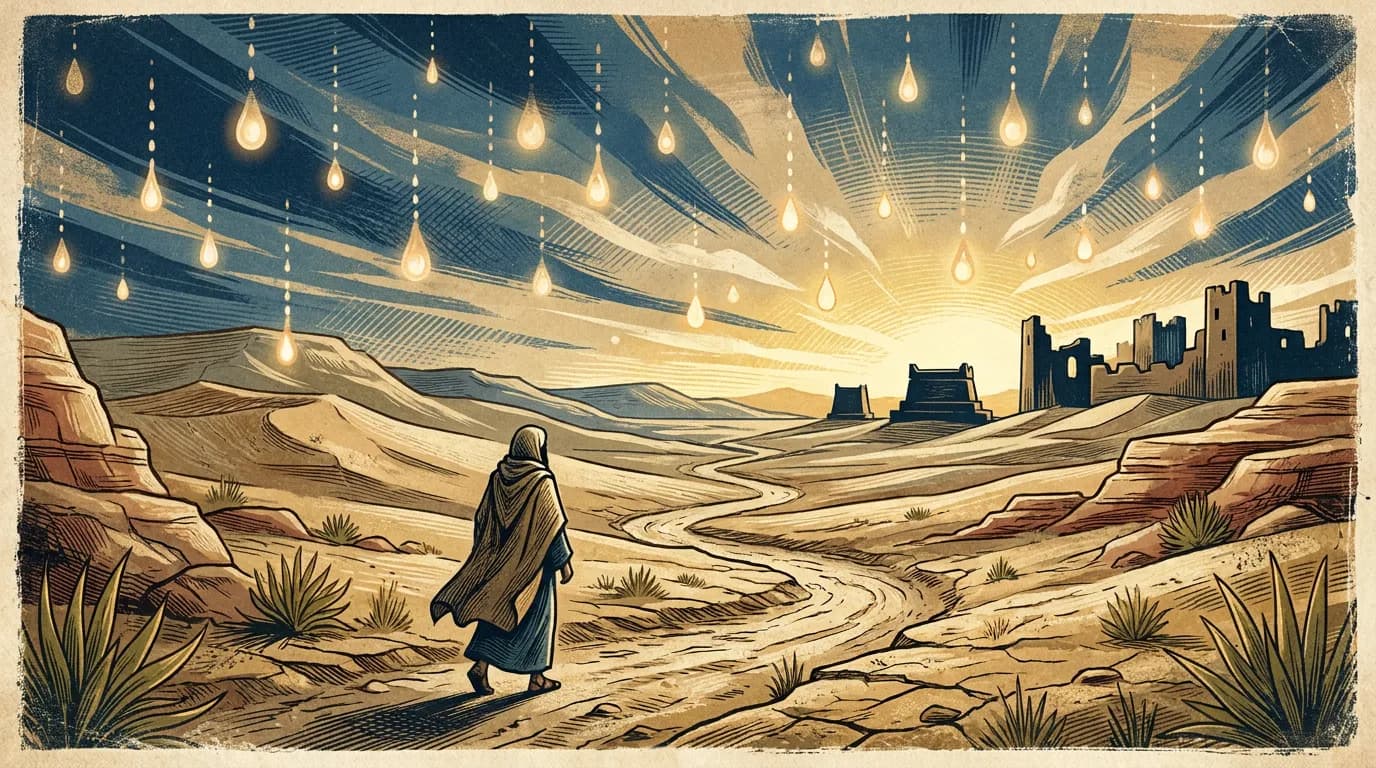 A textured editorial illustration of a single traveler walking down a winding path in a vast desert at dawn, under a gentle shower of glowing dew, with silent silhouettes of ancient stone altars in the far distance.