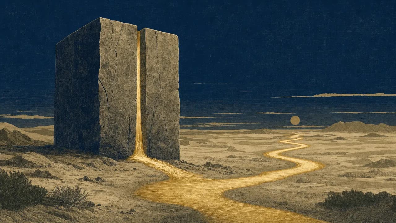 An editorial engraving of a large stone block with a vertical crack from which a golden stream of water flows, turning into a winding path across a minimalist desert under a dark indigo sky.