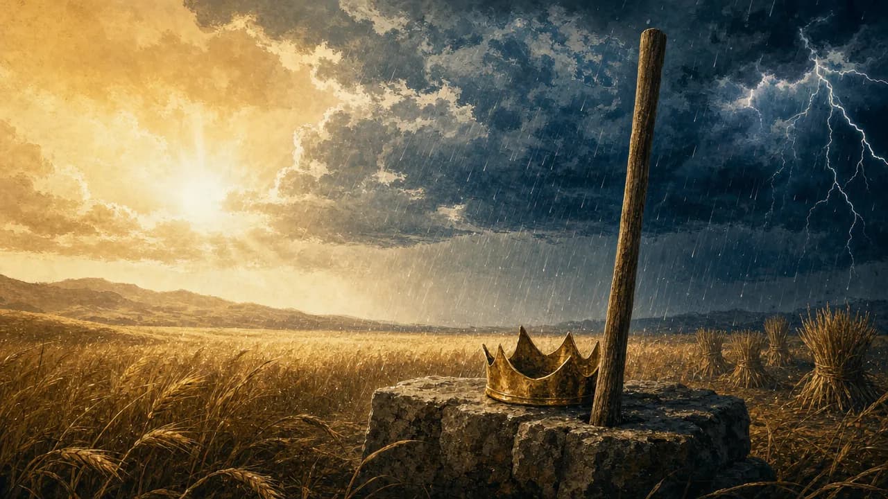 An editorial illustration of a golden wheat field under a split sky of bright sunshine and dark storm clouds with rain, featuring a wooden staff and a gold crown on a stone in the foreground.