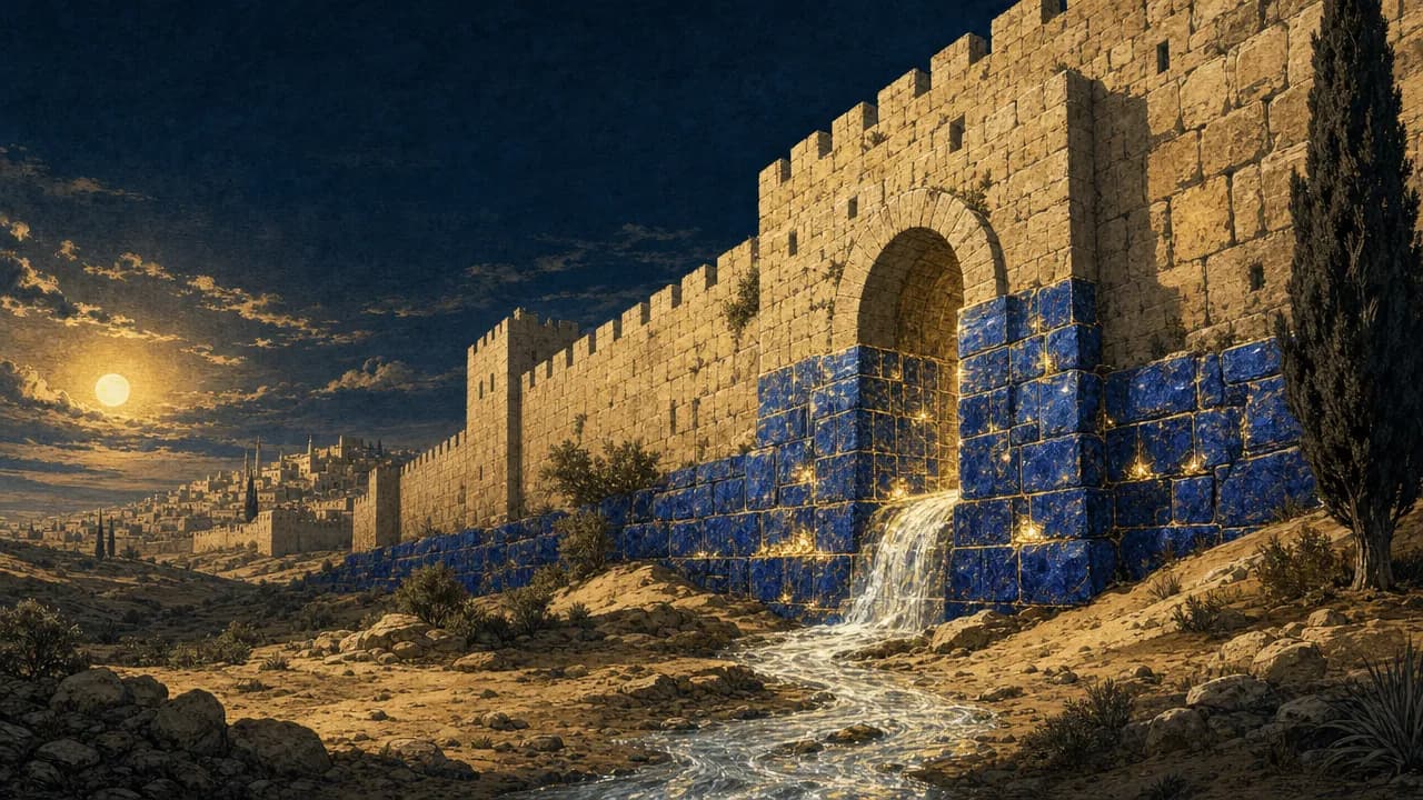 An editorial illustration of an ancient stone wall with glowing blue sapphire foundations, where a stream of clear water flows from a central gateway into a dry desert landscape under a twilight sky.