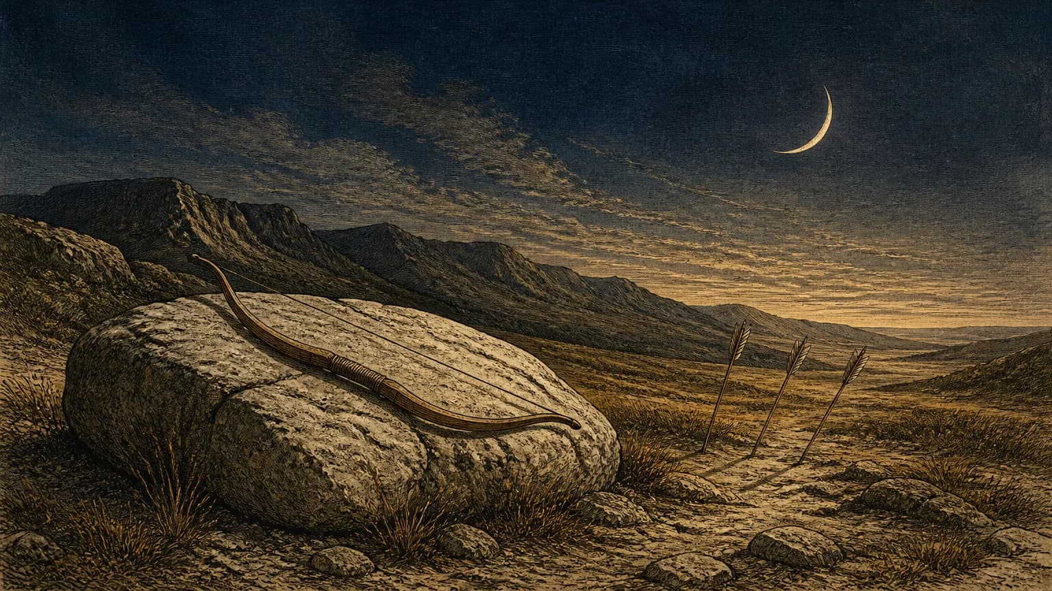Three wooden arrows angled into dry stony ground beyond a large landmark boulder, with an unstrung bow resting on the rock beneath a faint crescent moon.