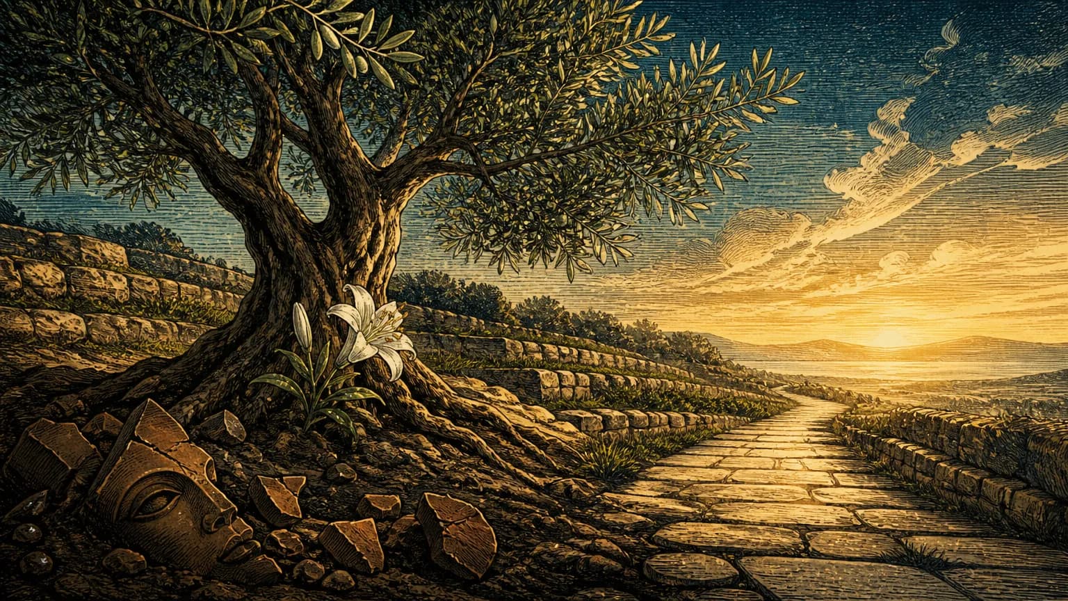 An olive tree with deep roots and a blossoming white lily stands beside a smooth stone path, bathed in morning dew.