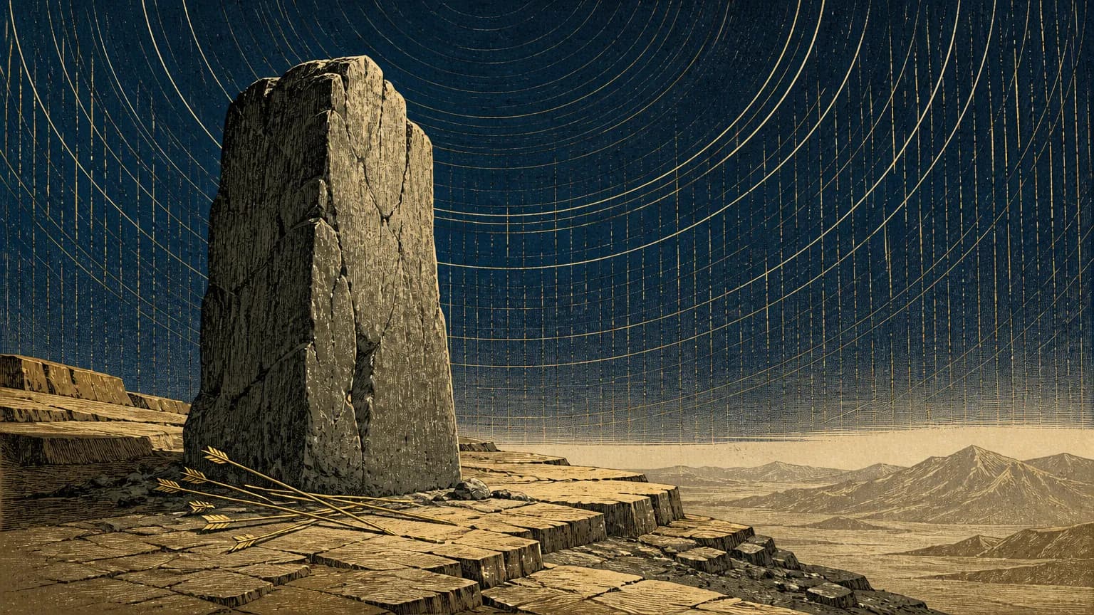 A chiseled stone monolith stands on an arid mountain peak beneath an indigo sky with etched rain arcs, with spent golden arrows resting at its base.