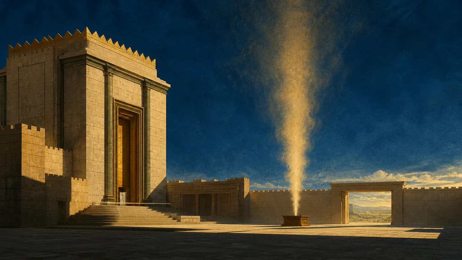 An engraving-like view of an empty stone sanctuary and vast courtyard, a bronze altar, a column of light rising into a dark sky, and a gold-lit path toward the horizon.