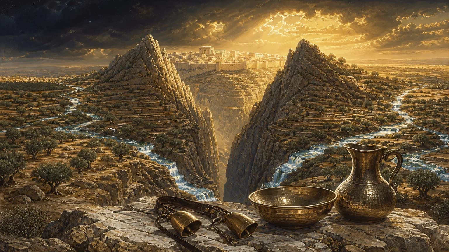 An elemental landscape featuring a cleft mountain ridge divided by a canyon from which two radiant streams flow, overlooked by quiet bronze vessels under an eventide sky.