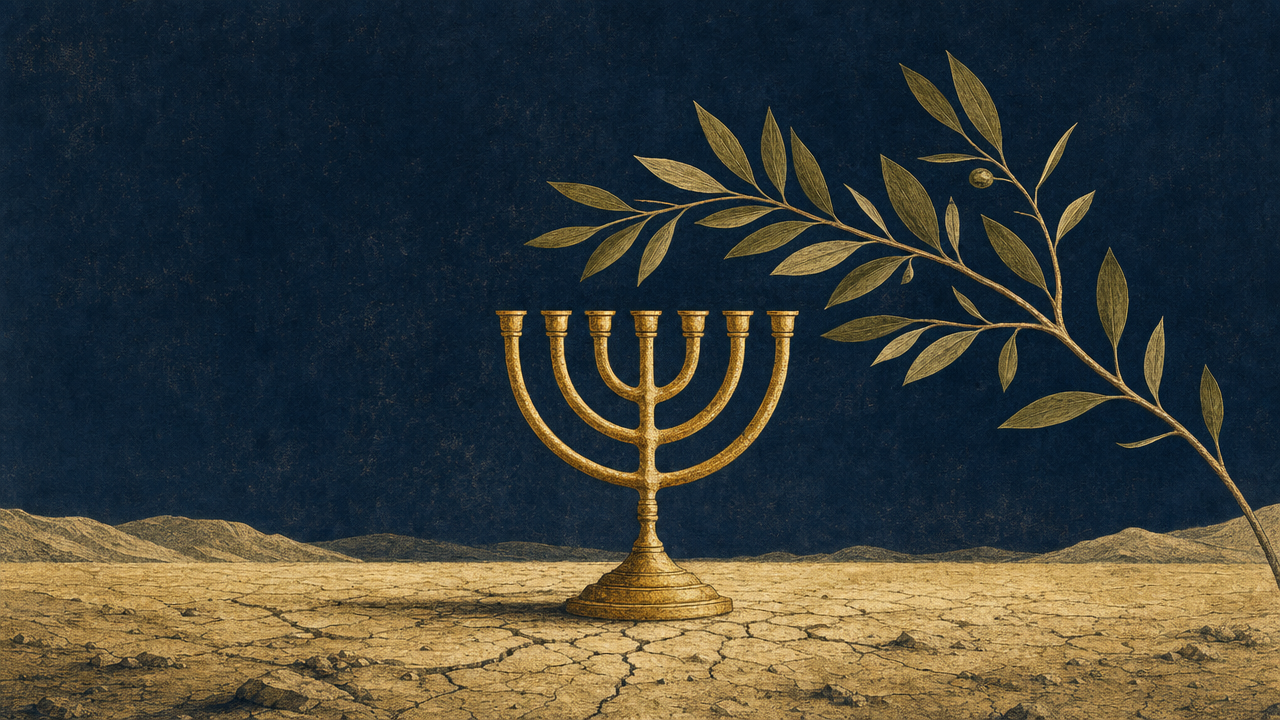 A stylized golden seven-branched menorah stands on a cracked desert floor beneath a dark indigo sky, with a single olive branch arching over it.