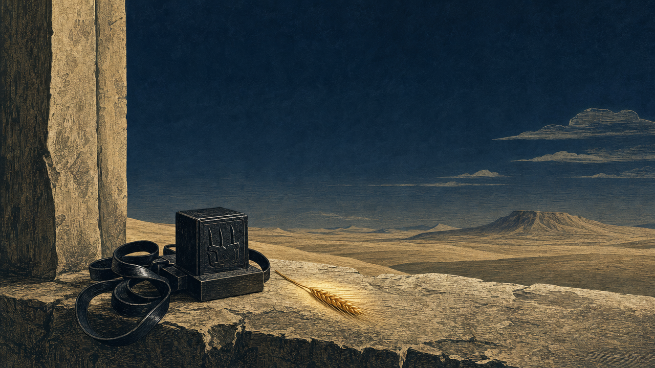 An editorial engraving of a black leather tefillin box and a single golden grain of wheat resting on a stone threshold in a vast, quiet desert under a twilight sky.
