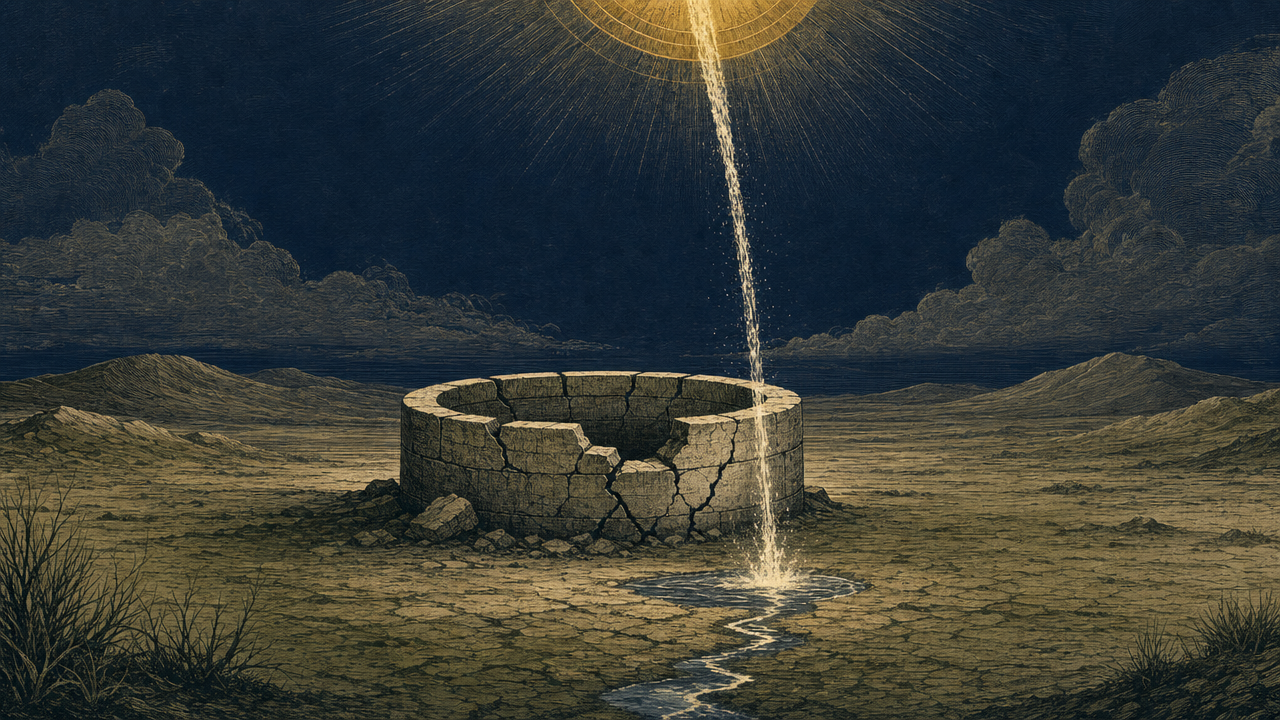 An editorial engraving of a cracked stone cistern in a desert under an indigo sky, with a single stream of golden water pouring from above into the dry ground beside it.