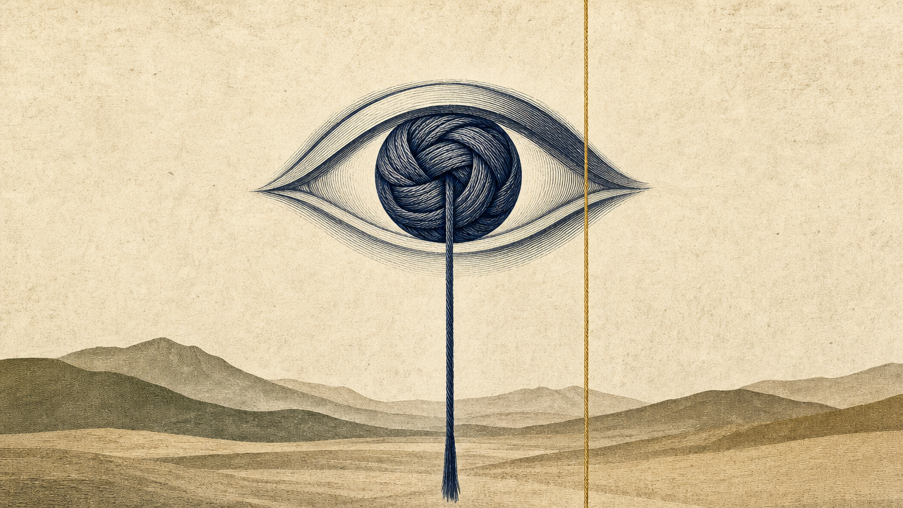 A minimalist editorial engraving of a stylized eye on parchment paper, with its iris formed by a coiled indigo thread that hangs down alongside a golden thread over a quiet desert horizon.
