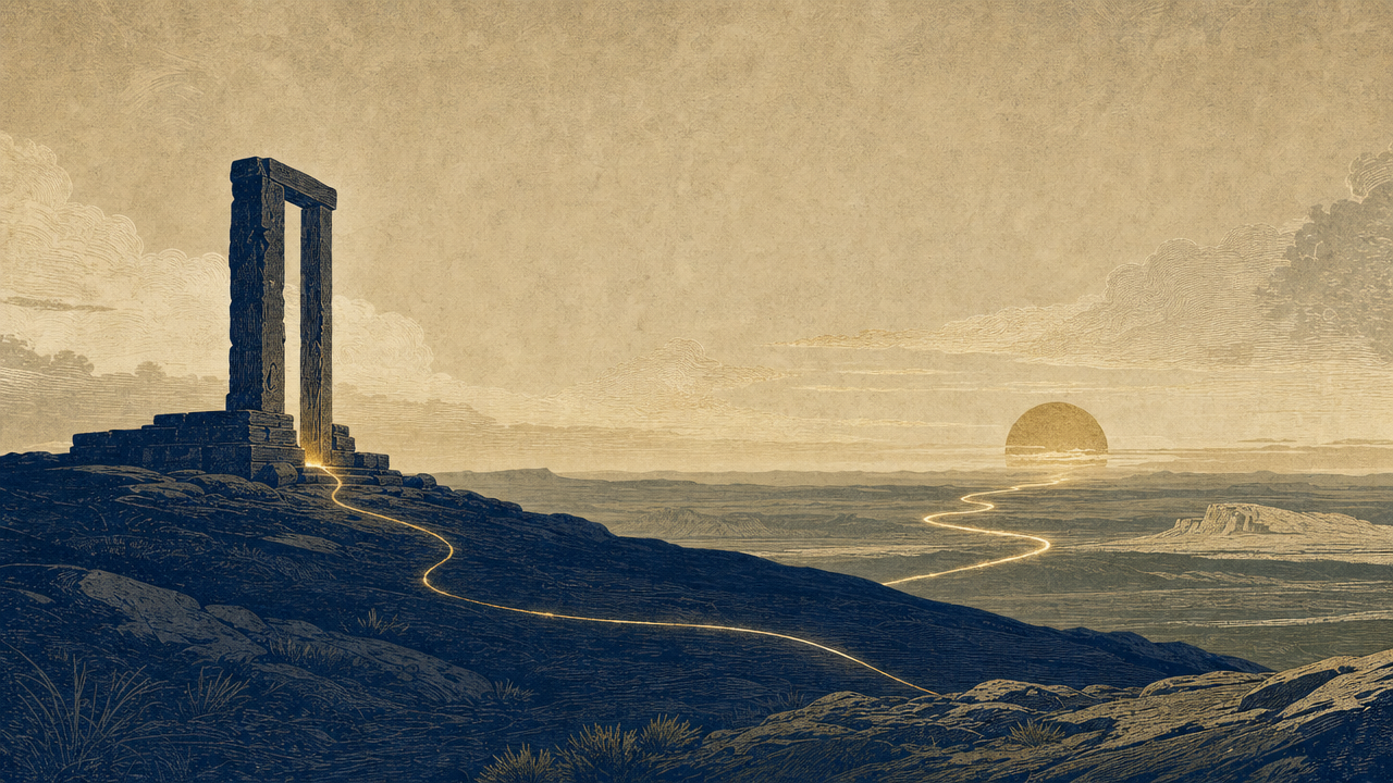 A minimalist stone doorpost stands on a quiet desert ridge under a deep indigo sky, with a single thread of golden light winding from its base toward the horizon.